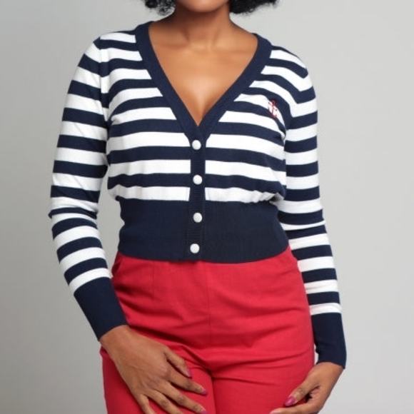Collectif Tops - Collectif Mainline Purdy Nautical Striped Cardigan - UK 16; Navy